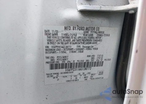 2006 Ford Five Hundred Se z USA, uszkodzony, nr VIN 1FAFP23116G138772